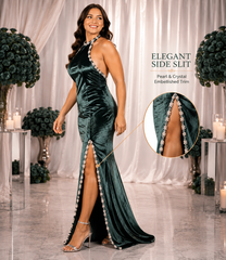 Luxury Velvet Evening Gown for Women, Deep Emerald Green Halter Neck Floor-Length Formal Dress with Crystal Pearl Embellished Trim and High Side Slit