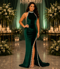 Luxury Velvet Evening Gown for Women, Deep Emerald Green Halter Neck Floor-Length Formal Dress with Crystal Pearl Embellished Trim and High Side Slit