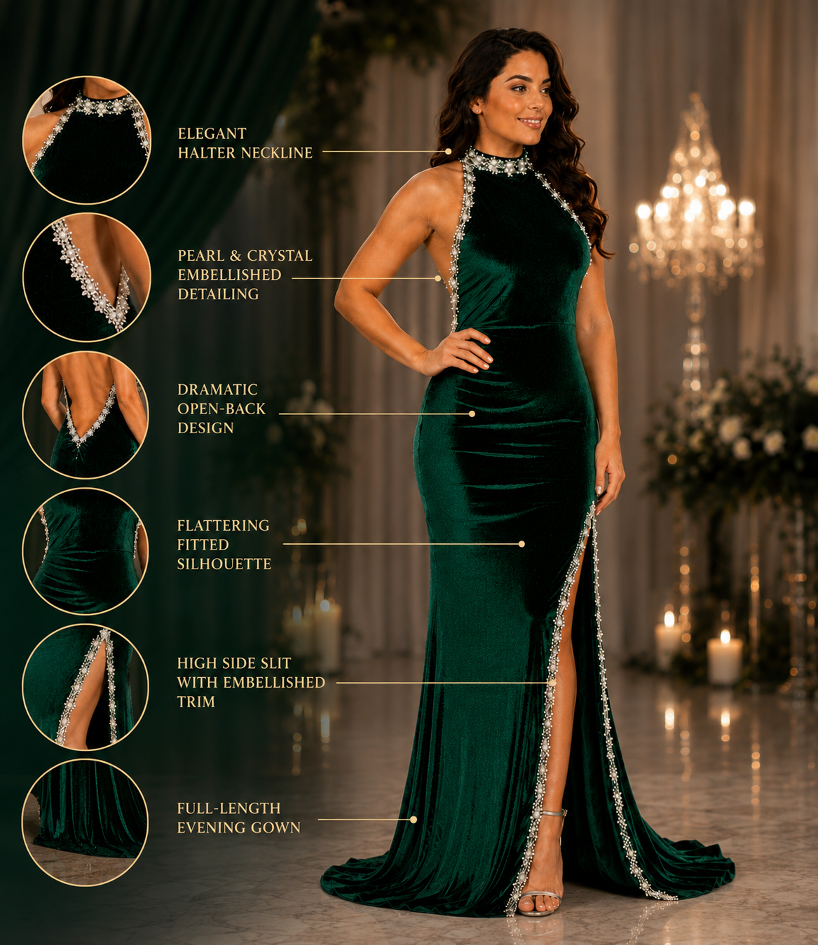 Luxury Velvet Evening Gown for Women, Deep Emerald Green Halter Neck Floor-Length Formal Dress with Crystal Pearl Embellished Trim and High Side Slit