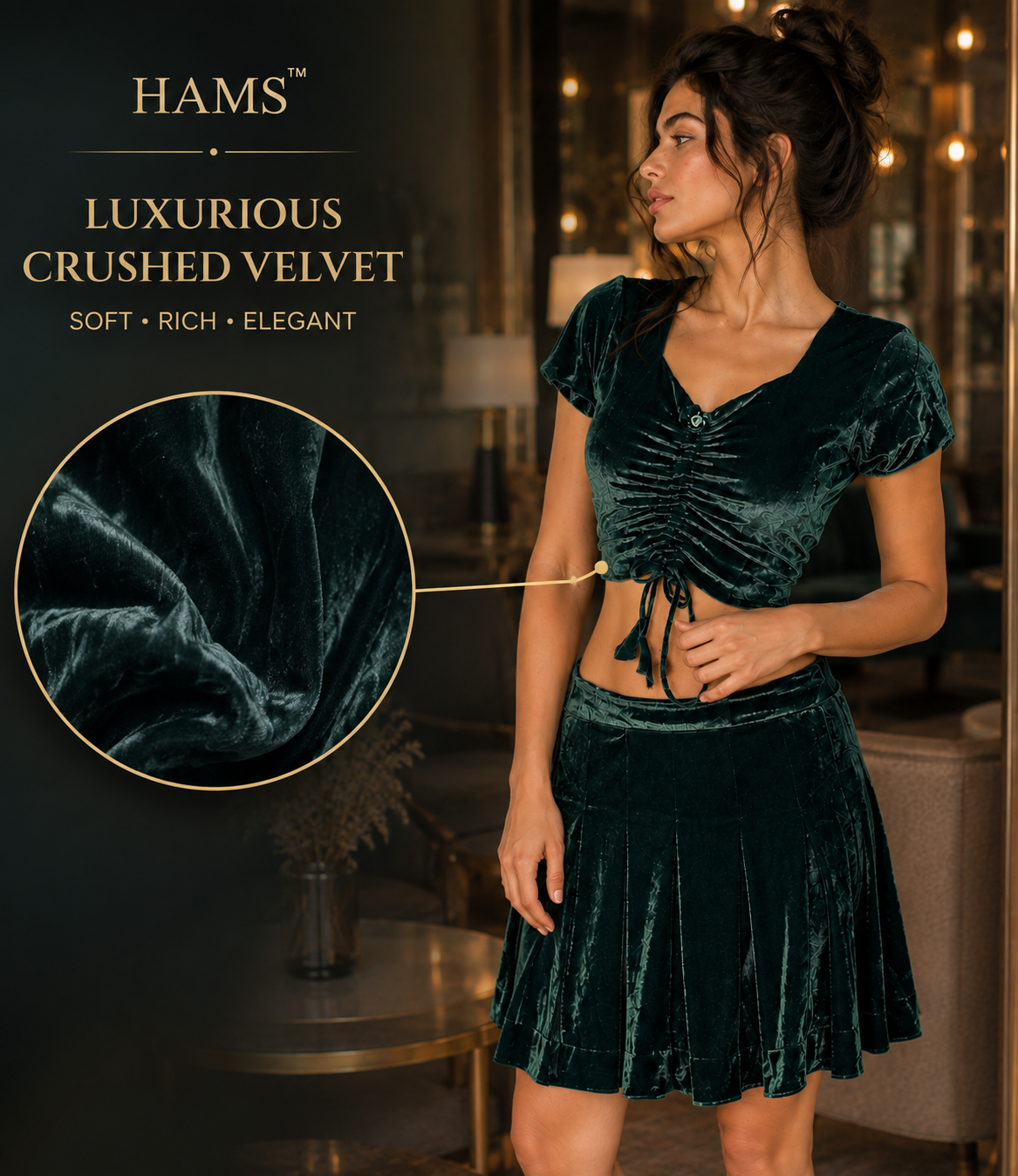 Women’s Velvet 2 Piece Outfit Set – Ruched Short Sleeve Crop Top with Drawstring Detail and Pleated Flared Skirt, Elegant Casual Matching Set