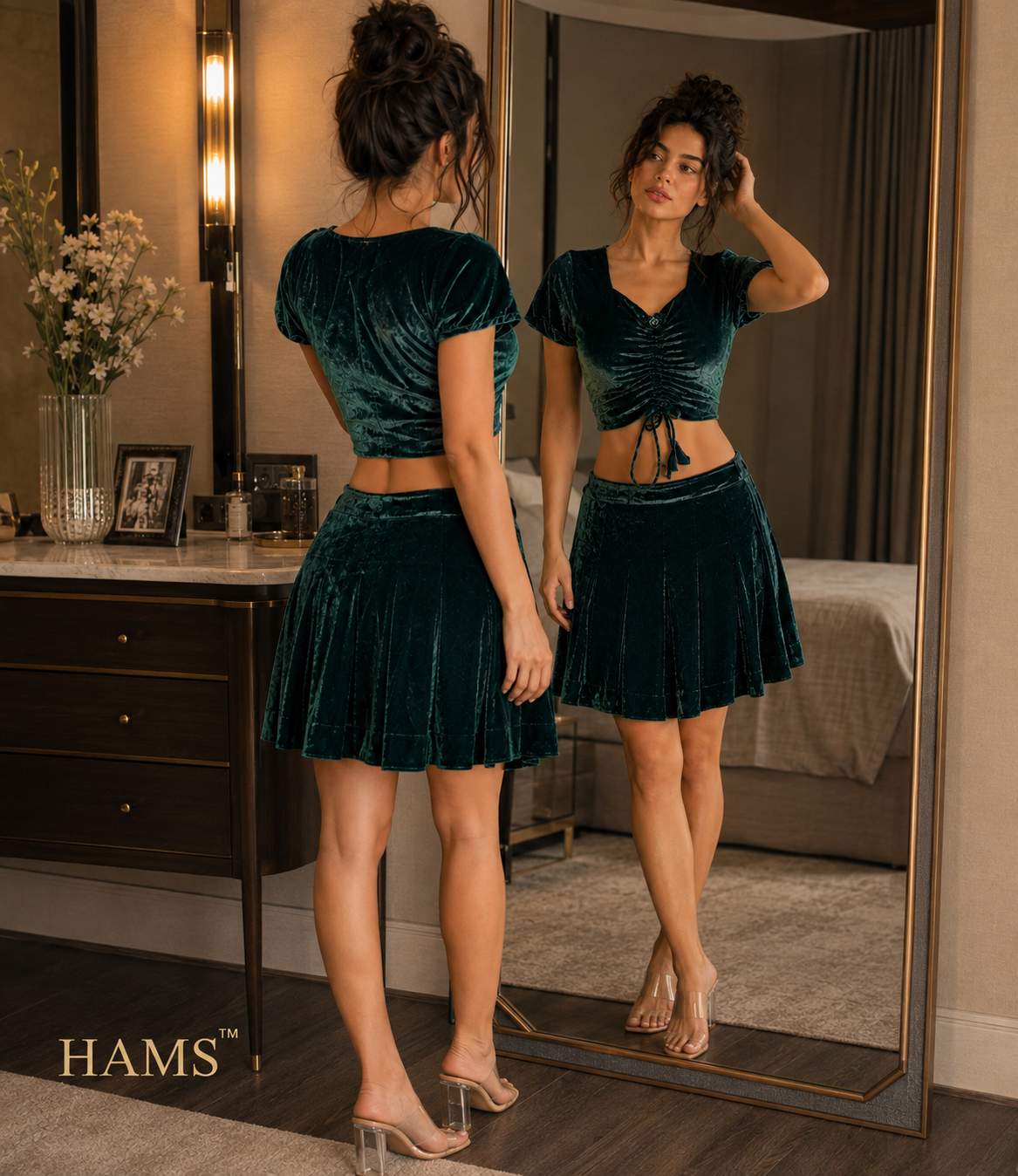 Women’s Velvet 2 Piece Outfit Set – Ruched Short Sleeve Crop Top with Drawstring Detail and Pleated Flared Skirt, Elegant Casual Matching Set