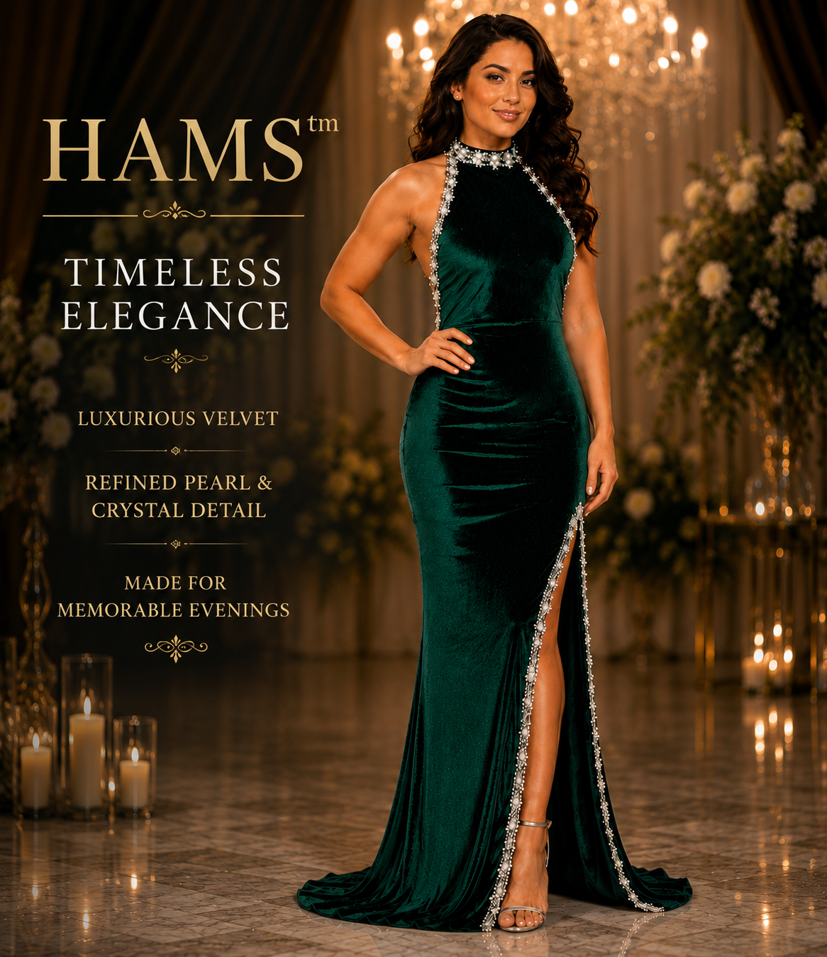 Luxury Velvet Evening Gown for Women, Deep Emerald Green Halter Neck Floor-Length Formal Dress with Crystal Pearl Embellished Trim and High Side Slit