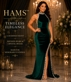 Luxury Emerald Green Velvet Halter Neck Evening Gown with Pearl & Crystal Embellishments