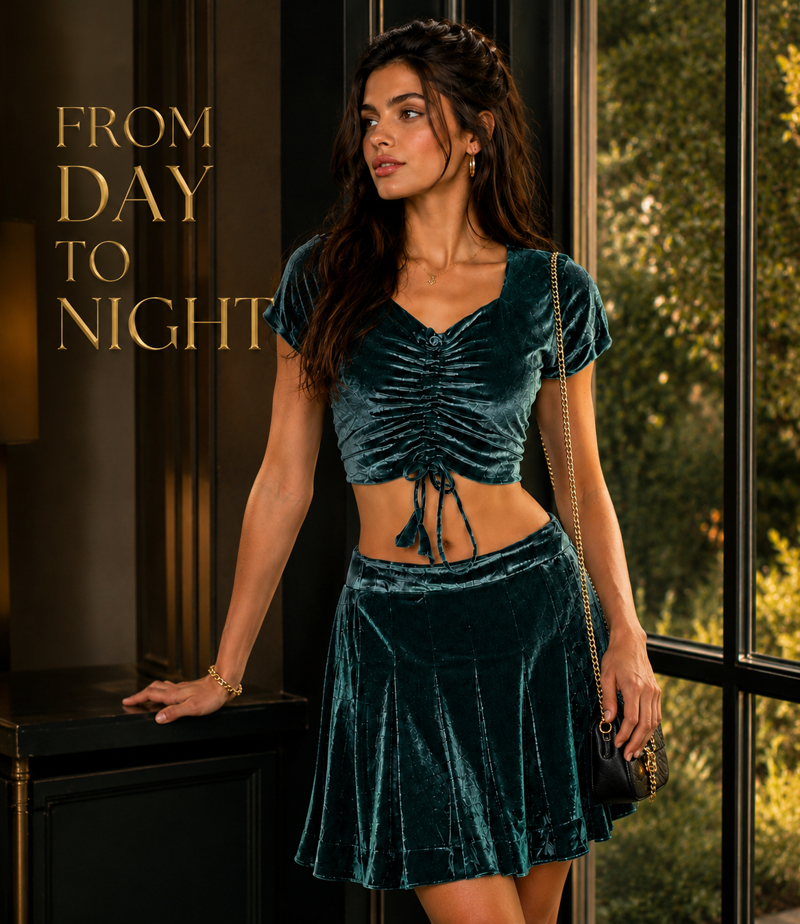 Women’s Velvet 2 Piece Outfit Set – Ruched Short Sleeve Crop Top with Drawstring Detail and Pleated Flared Skirt, Elegant Casual Matching Set