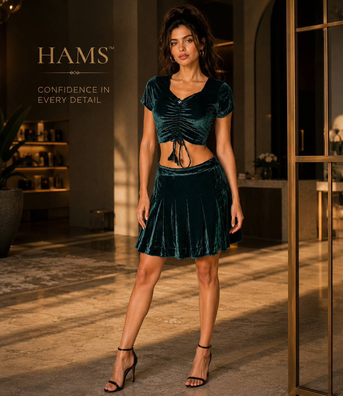 Women’s Velvet 2 Piece Outfit Set – Ruched Short Sleeve Crop Top with Drawstring Detail and Pleated Flared Skirt, Elegant Casual Matching Set