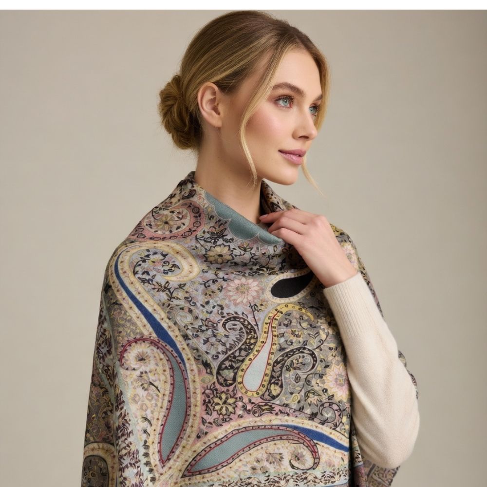 Premium Paisley Wool Shawl for Women – Elegant Printed Winter Wrap Scarf with Fringed Edges