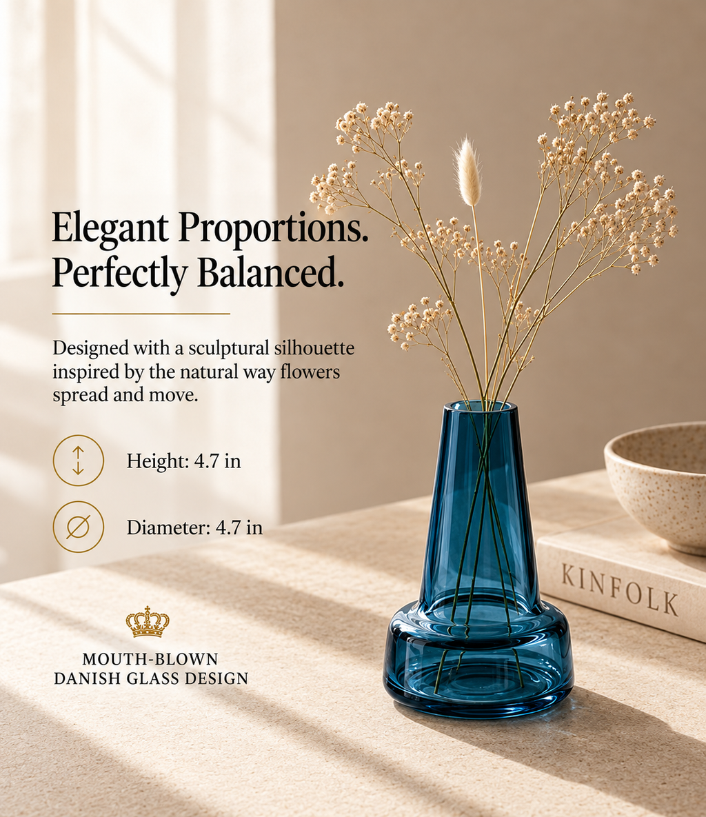 Elegant Glass Flower Vase for Modern Home Décor, Decorative Clear and Coloured Glass Vase with a Stylish Design, Ideal for Fresh Flower Arrangements, Living Room, Bedroom, Dining Table, Office and Contemporary Interior Decoration.
