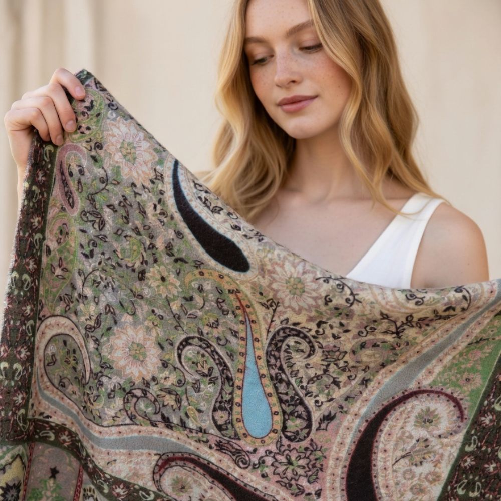 Premium Paisley Wool Shawl for Women – Elegant Printed Winter Wrap with Fringed Edges