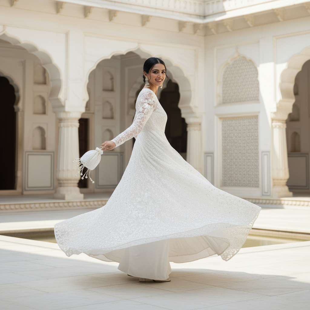 Ethereal Dream - White Embroidered Net Gown | Bridal Maxi Dress | Illusion Neckline | Elegant Wedding Wear | Formal Evening Gown | Handcrafted Embellishments