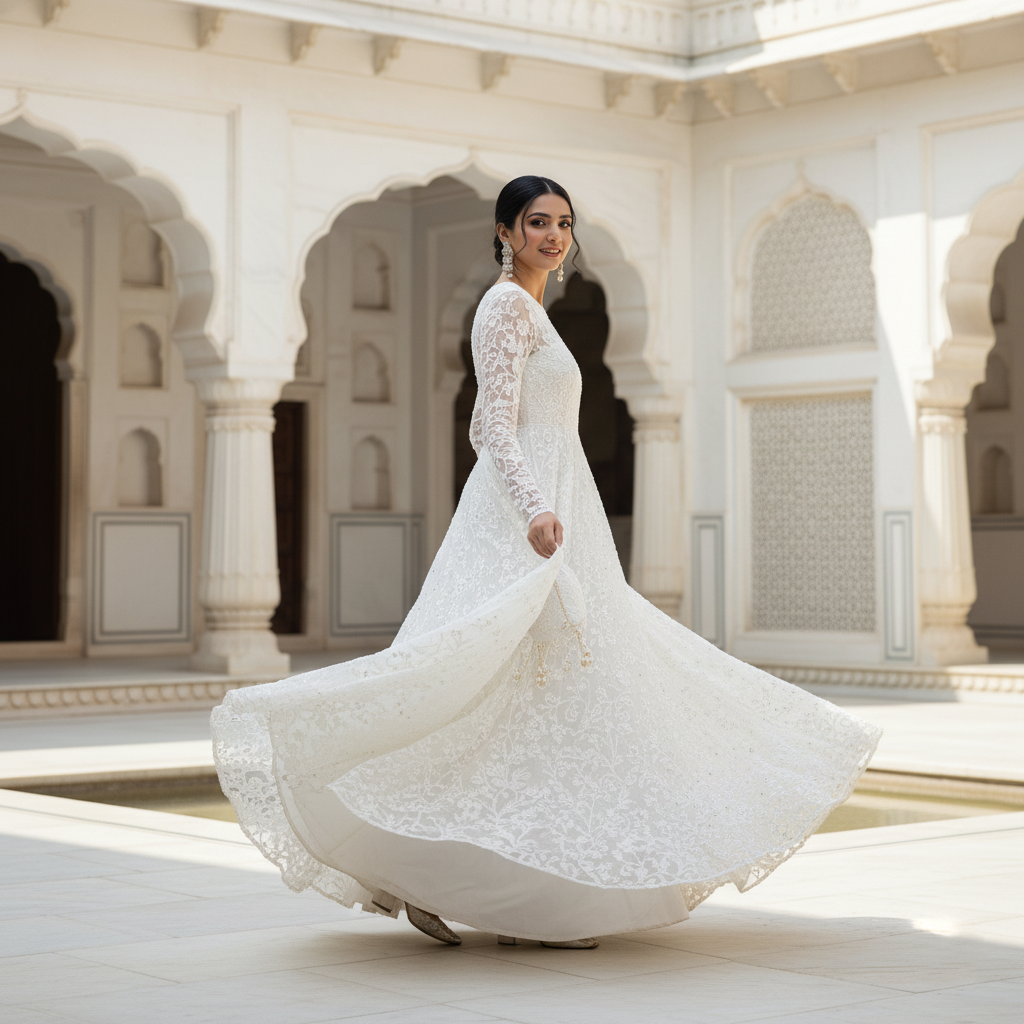 Ethereal Dream - White Embroidered Net Gown | Bridal Maxi Dress | Illusion Neckline | Elegant Wedding Wear | Formal Evening Gown | Handcrafted Embellishments