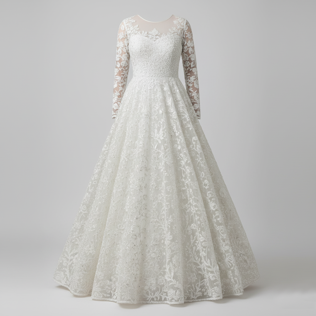 Ethereal Dream - White Embroidered Net Gown | Bridal Maxi Dress | Illusion Neckline | Elegant Wedding Wear | Formal Evening Gown | Handcrafted Embellishments