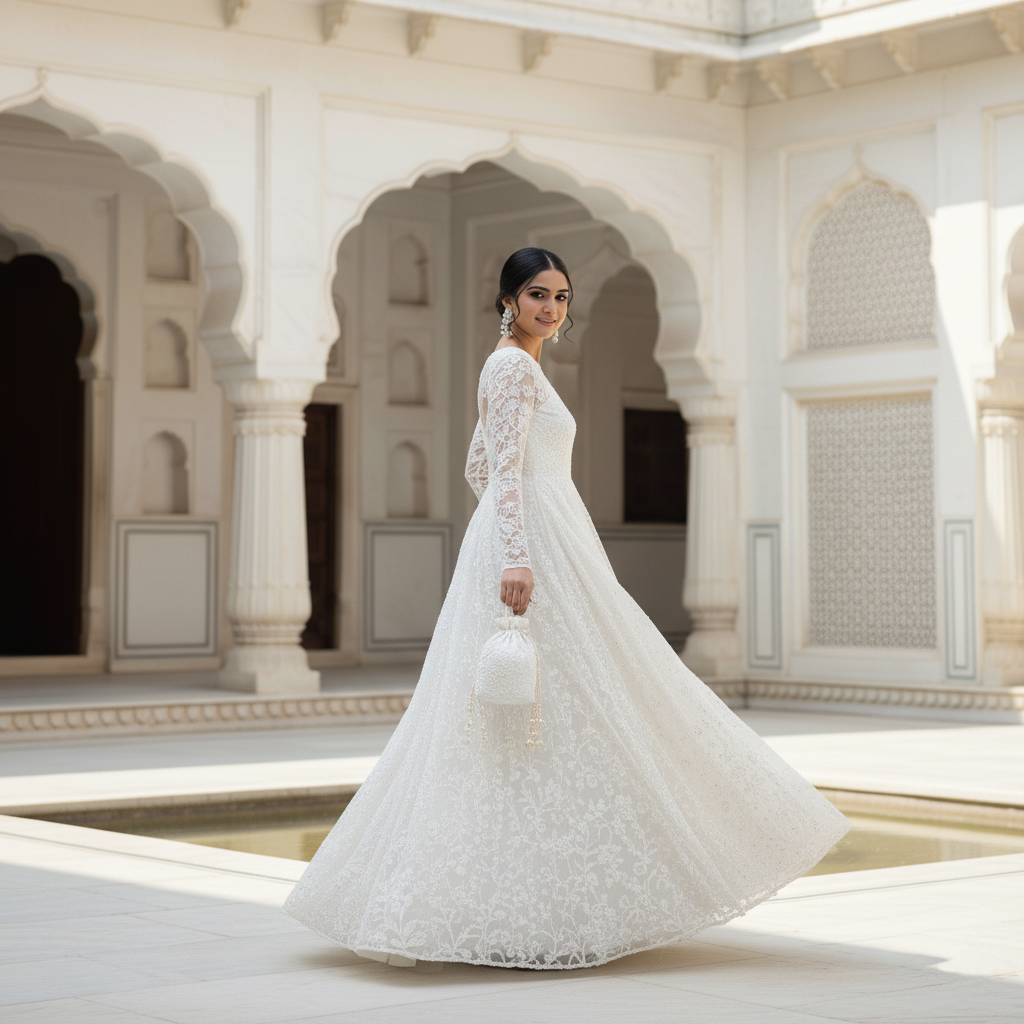 Ethereal Dream - White Embroidered Net Gown | Bridal Maxi Dress | Illusion Neckline | Elegant Wedding Wear | Formal Evening Gown | Handcrafted Embellishments