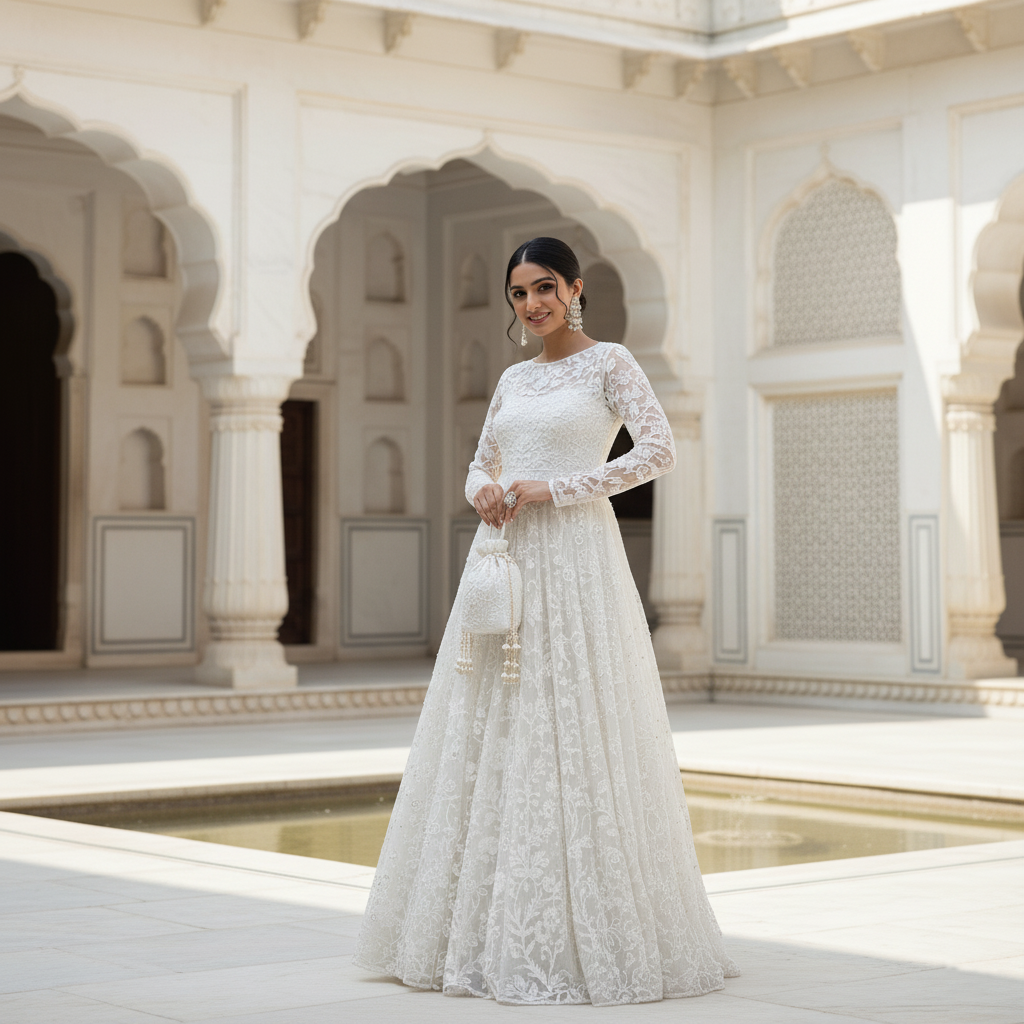 Ethereal Dream - White Embroidered Net Gown | Bridal Maxi Dress | Illusion Neckline | Elegant Wedding Wear | Formal Evening Gown | Handcrafted Embellishments