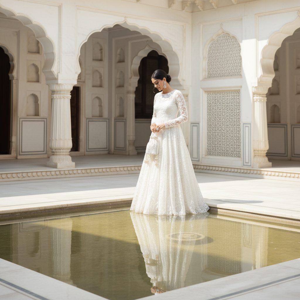 Ethereal Dream - White Embroidered Net Gown | Bridal Maxi Dress | Illusion Neckline | Elegant Wedding Wear | Formal Evening Gown | Handcrafted Embellishments