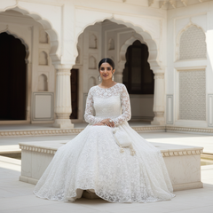 Ethereal Dream - White Embroidered Net Gown | Bridal Maxi Dress | Illusion Neckline | Elegant Wedding Wear | Formal Evening Gown | Handcrafted Embellishments