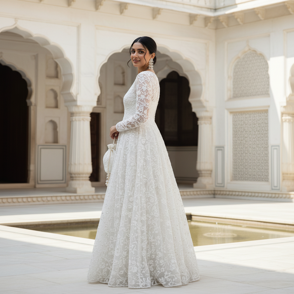 Ethereal Dream - White Embroidered Net Gown | Bridal Maxi Dress | Illusion Neckline | Elegant Wedding Wear | Formal Evening Gown | Handcrafted Embellishments