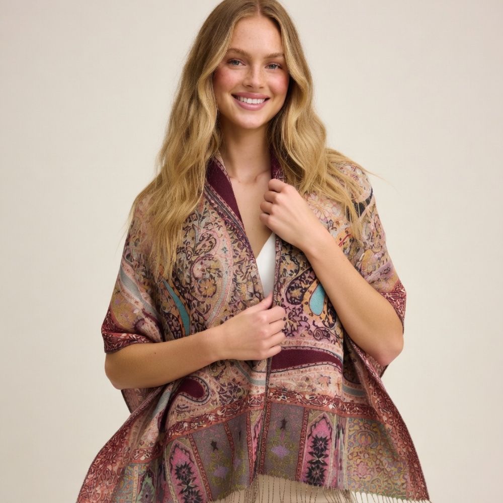 Premium Paisley Wool Shawl for Women – Elegant Printed Winter Wrap with Fringed Edges