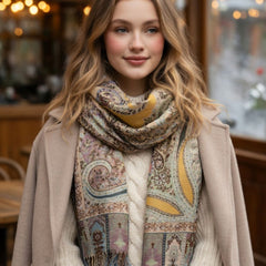Premium Multicolor Paisley Wool Shawl for Women – Beige, Dusty Pink & Mustard Floral Printed Winter Wrap