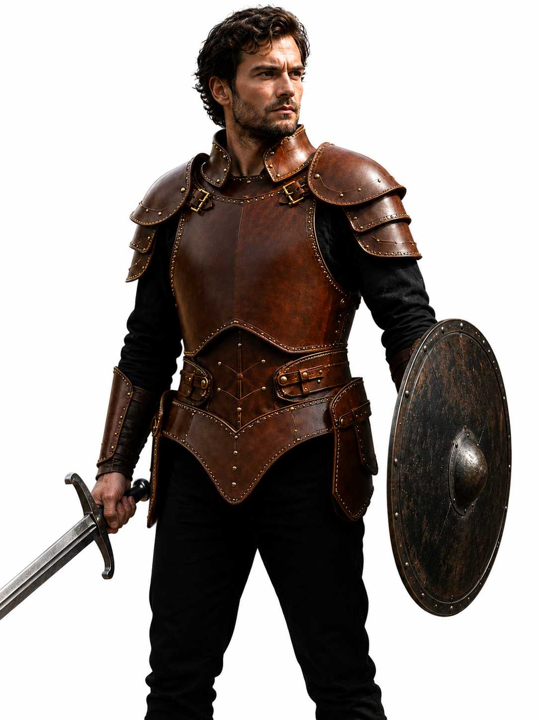 A man wearing medieval-style brown leather armor over a black tunic and black pants, holding a sword and a round shield against a plain white background.