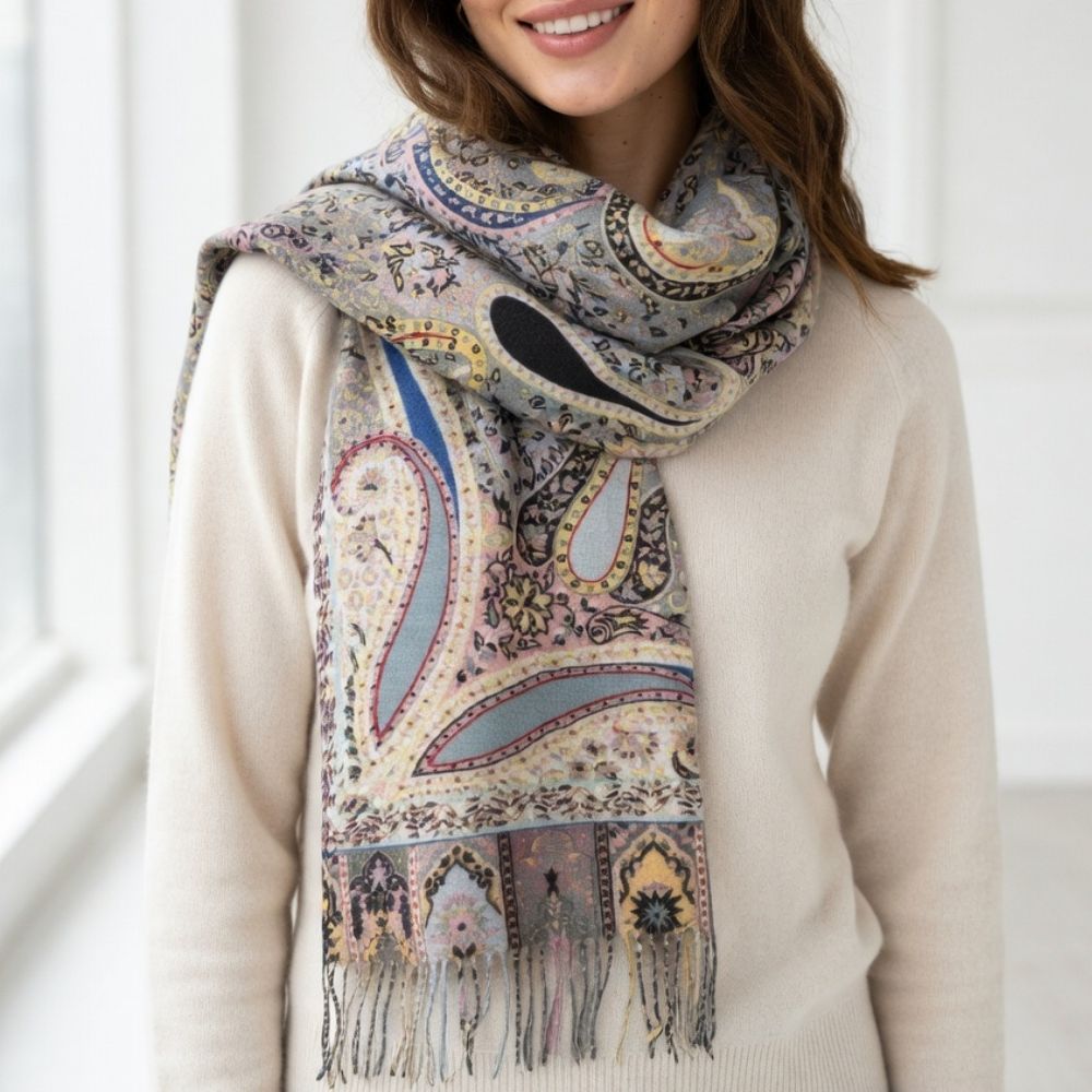 Premium Paisley Wool Shawl for Women – Elegant Printed Winter Wrap Scarf with Fringed Edges