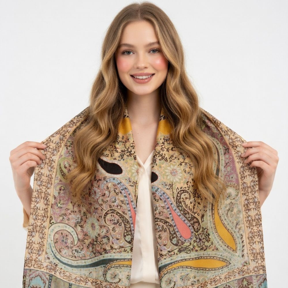 Premium Multicolor Paisley Wool Shawl for Women – Beige, Dusty Pink & Mustard Floral Printed Winter Wrap