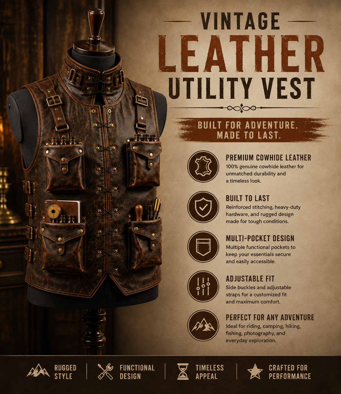 Handmade Full Grain Cowhide Leather Utility Vest with Multiple Pockets