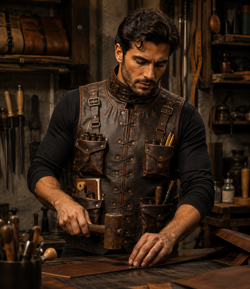 Handmade Full Grain Cowhide Leather Utility Vest with Multiple Pockets