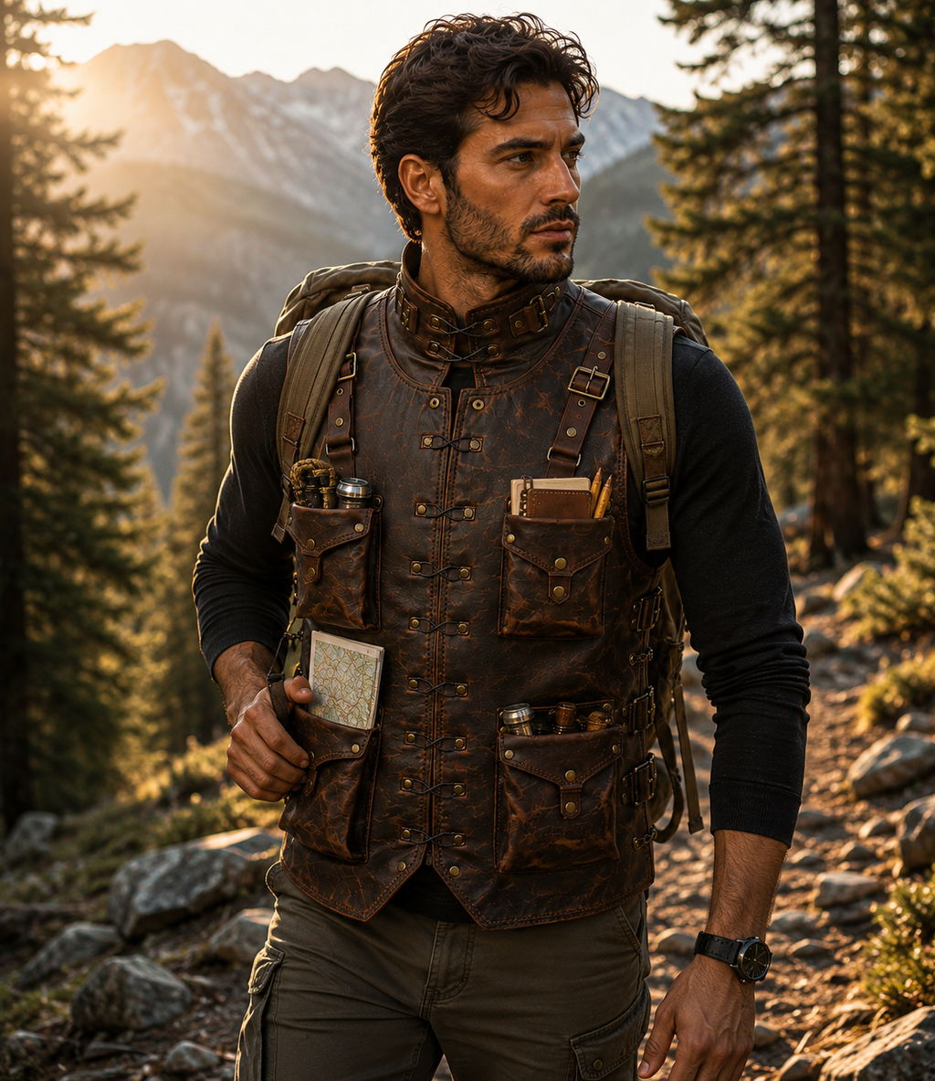 Handmade Full Grain Cowhide Leather Utility Vest with Multiple Pockets