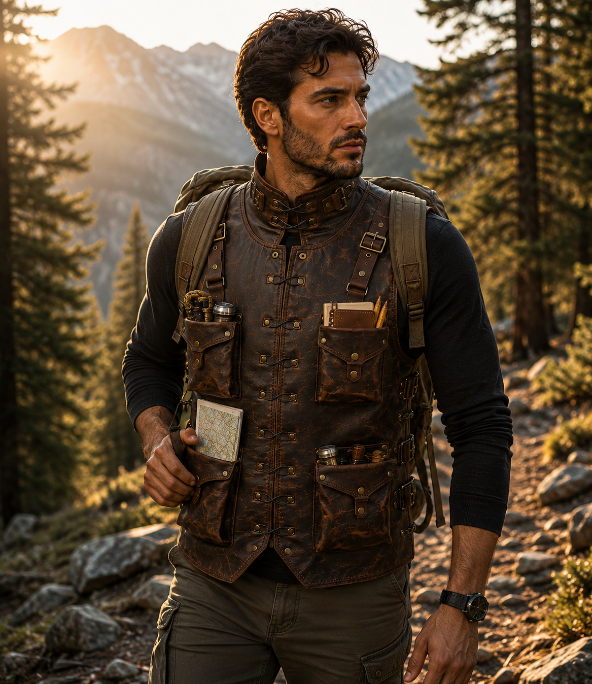 Handmade Full Grain Cowhide Leather Utility Vest with Multiple Pockets