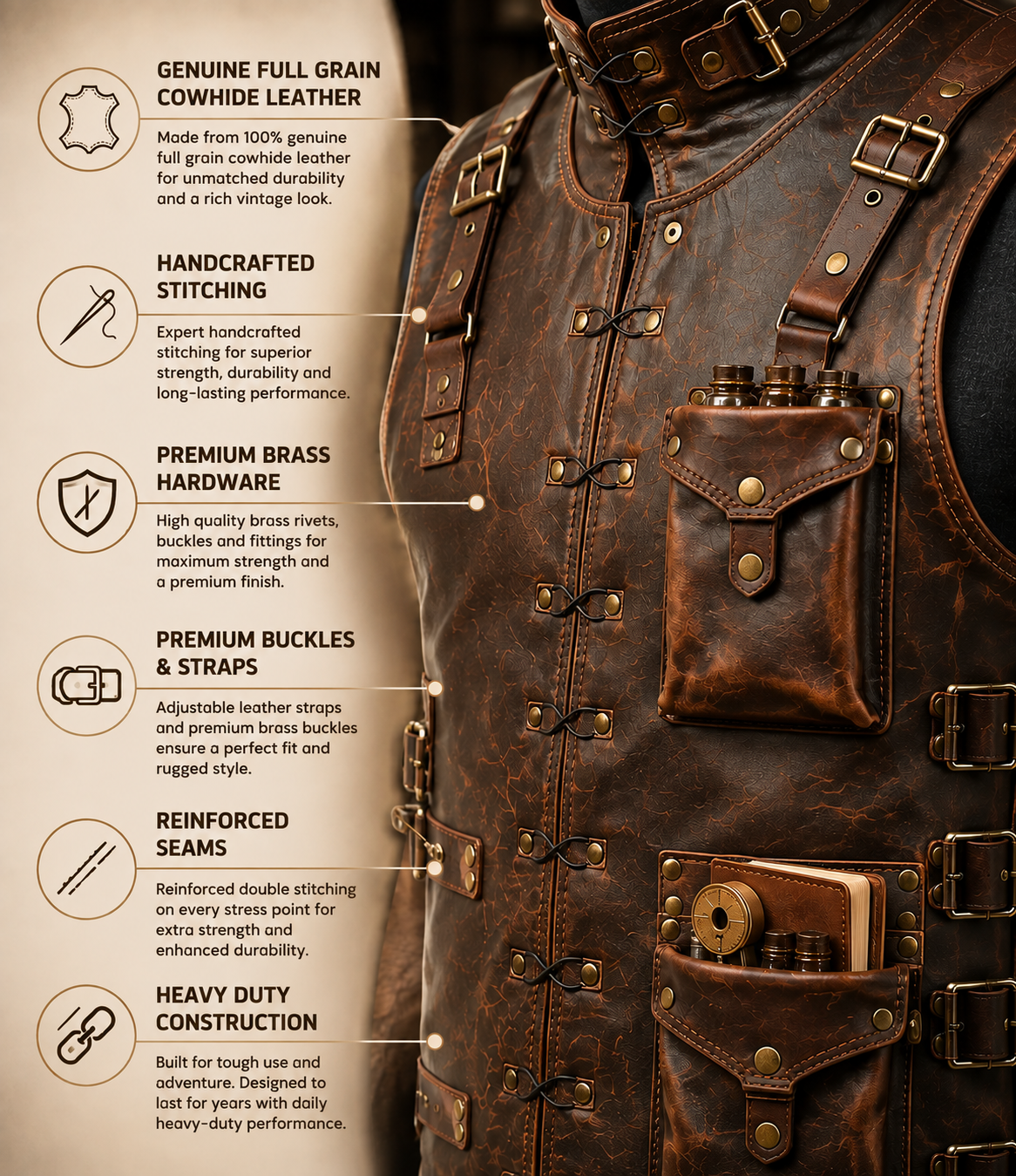 Handmade Full Grain Cowhide Leather Utility Vest with Multiple Pockets