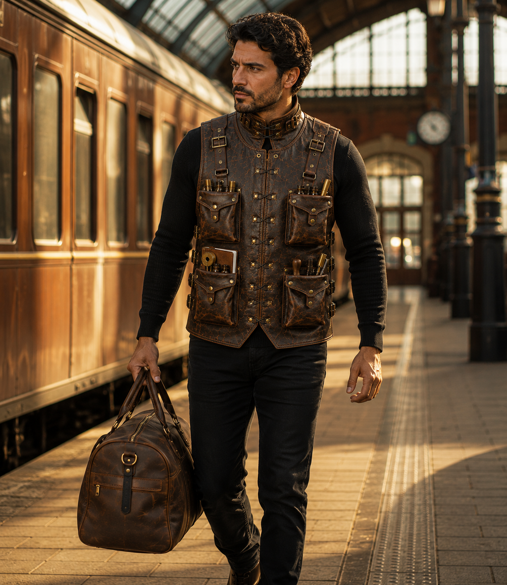 Handmade Full Grain Cowhide Leather Utility Vest with Multiple Pockets