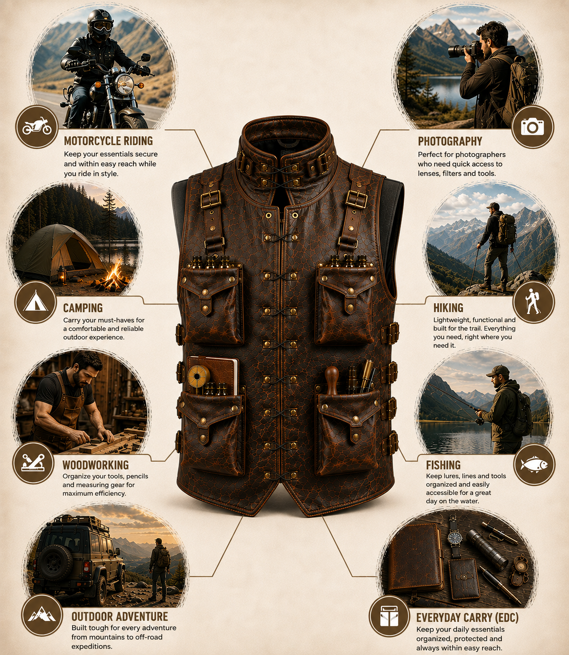 Handmade Full Grain Cowhide Leather Utility Vest with Multiple Pockets