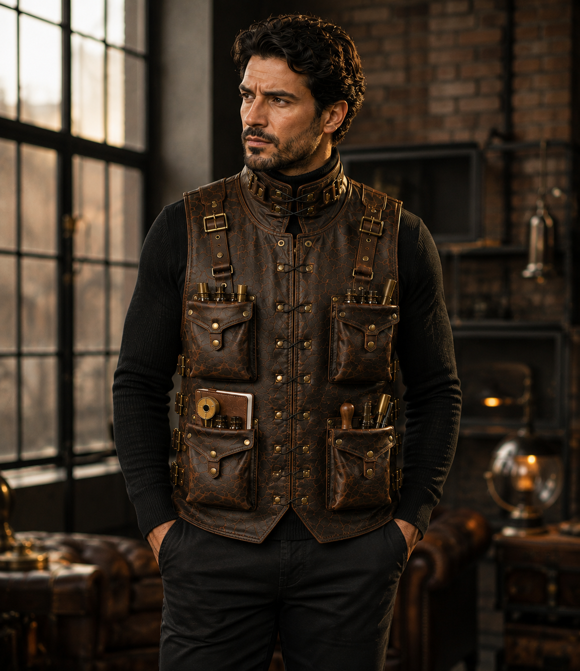 Handmade Full Grain Cowhide Leather Utility Vest with Multiple Pockets