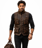 Handmade Full Grain Cowhide Leather Utility Vest with Multiple Pockets