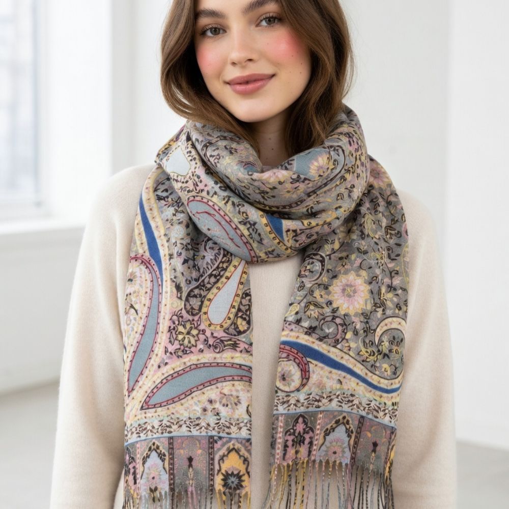 Premium Paisley Wool Shawl for Women – Elegant Printed Winter Wrap Scarf with Fringed Edges