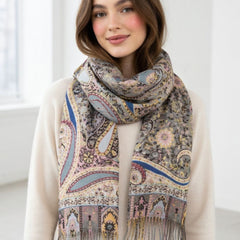 Premium Paisley Wool Shawl for Women – Elegant Printed Winter Wrap Scarf with Fringed Edges