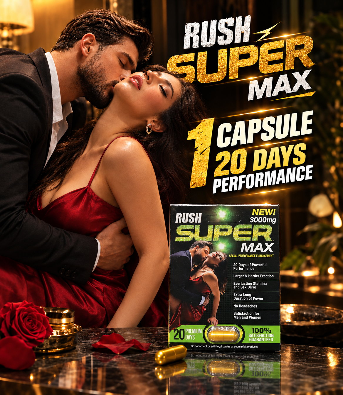 RUSH Super Max 3000mg adult wellness supplement capsules featuring a proprietary herbal blend with Maca Root, Tribulus Terrestris, Siberian Ginseng, Cordyceps Sinensis, Epimedium, L-Arginine, L-Lysine, Vitamin B6, and Vitamin B12. Compact product packaging marketed for adult male wellness, vitality, and sexual wellness support, with ingredient information and a capsule format for convenient storage. Review the original product label for verified ingredients, serving directions, and precautions.