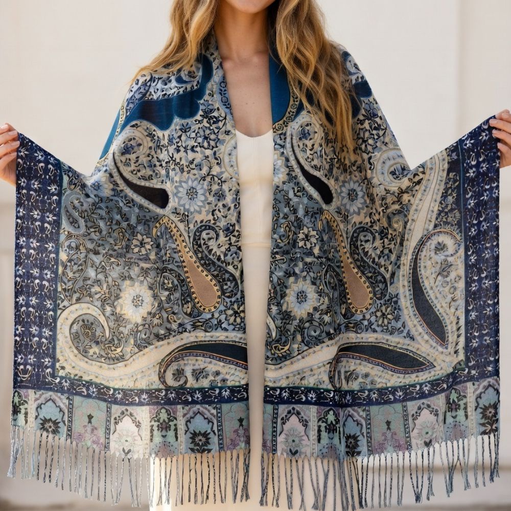 Premium Navy Blue Paisley Wool Scarf for Women – Elegant Printed Winter Wrap with Fringed Edges
