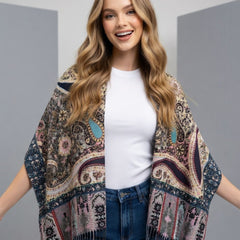 Premium Multicolor Paisley Wool Scarf for Women – Navy Blue, Pink & Beige Printed Winter Wrap with Fringes