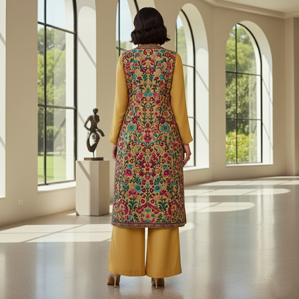 Secret Solutions Exclusive - 'Golden Majesty' Raw Silk Suit with Intricate Floral Gown Embroidery