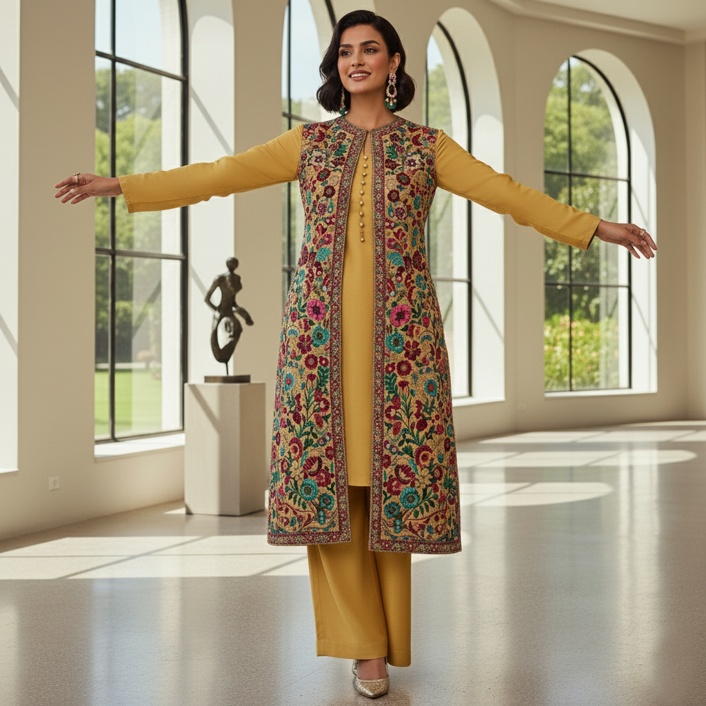 Secret Solutions Exclusive - 'Golden Majesty' Raw Silk Suit with Intricate Floral Gown Embroidery