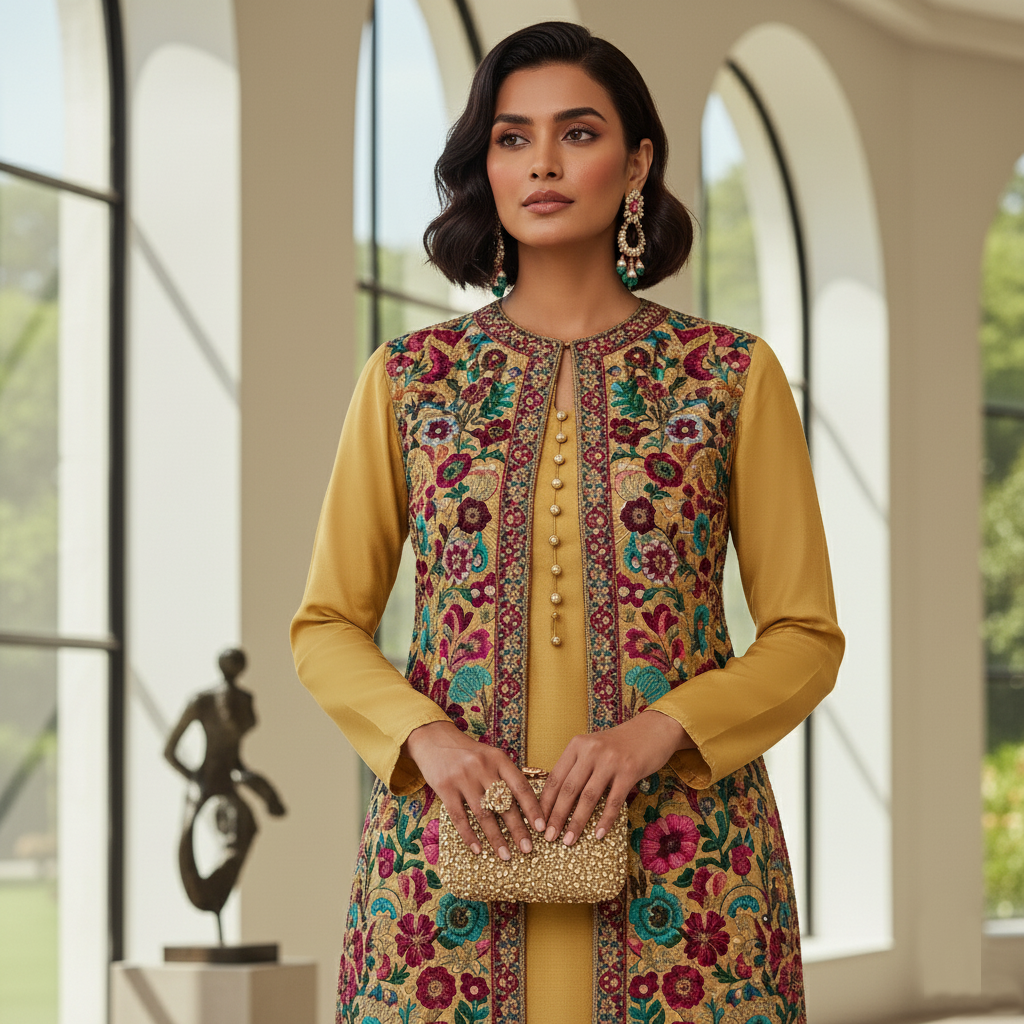 Secret Solutions Exclusive - 'Golden Majesty' Raw Silk Suit with Intricate Floral Gown Embroidery