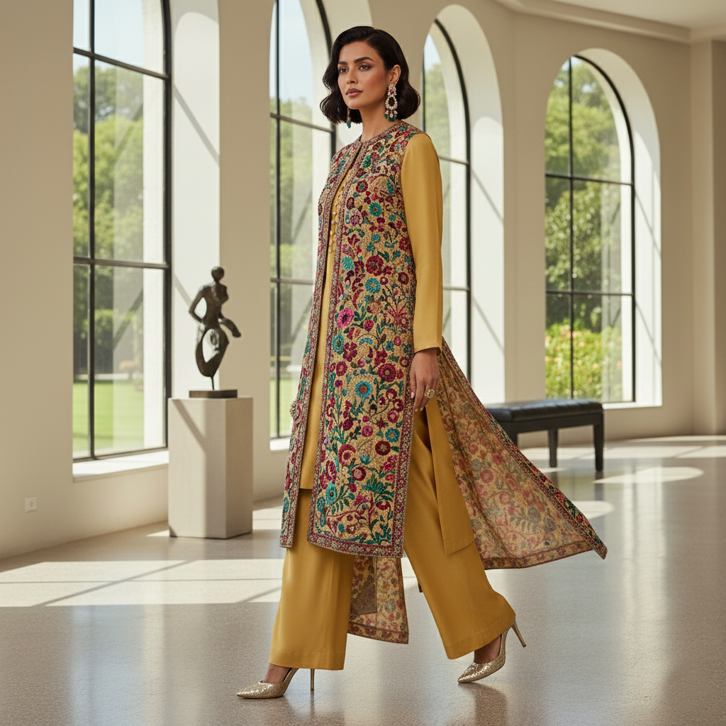 Secret Solutions Exclusive - 'Golden Majesty' Raw Silk Suit with Intricate Floral Gown Embroidery