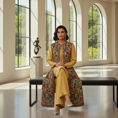 Secret Solutions Exclusive - 'Golden Majesty' Raw Silk Suit with Intricate Floral Gown Embroidery