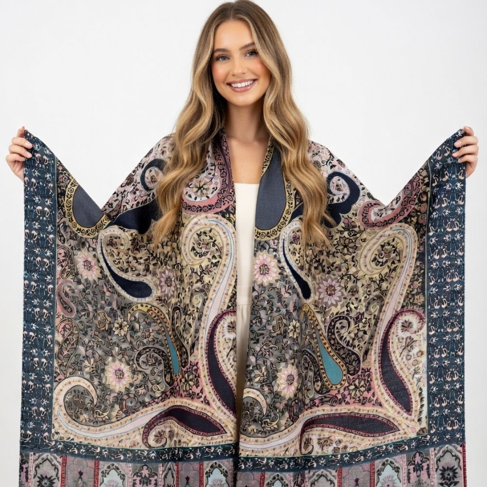 Premium Multicolor Paisley Wool Scarf for Women – Navy Blue, Pink & Beige Printed Winter Wrap with Fringes