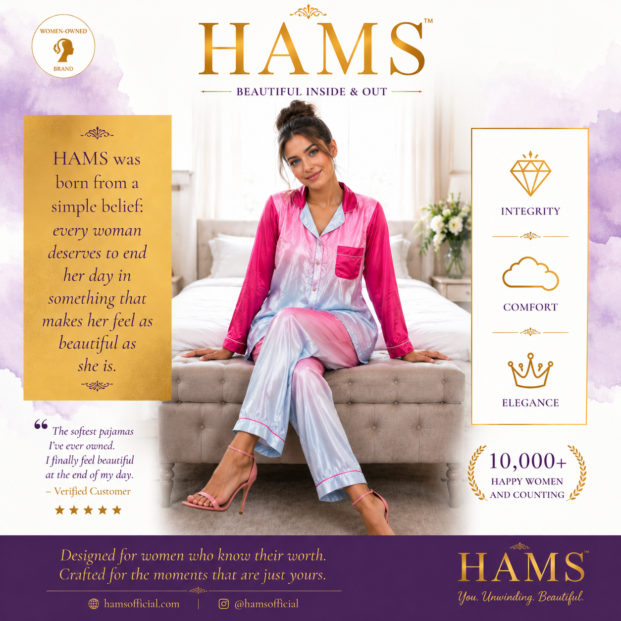 HAMS Women's 3-Piece Satin Pajama Set – Pink Ombre | Long Sleeve Cardigan, Wide-Leg Pants, Elastic Waist, Side Slit, All-Season Loungewear