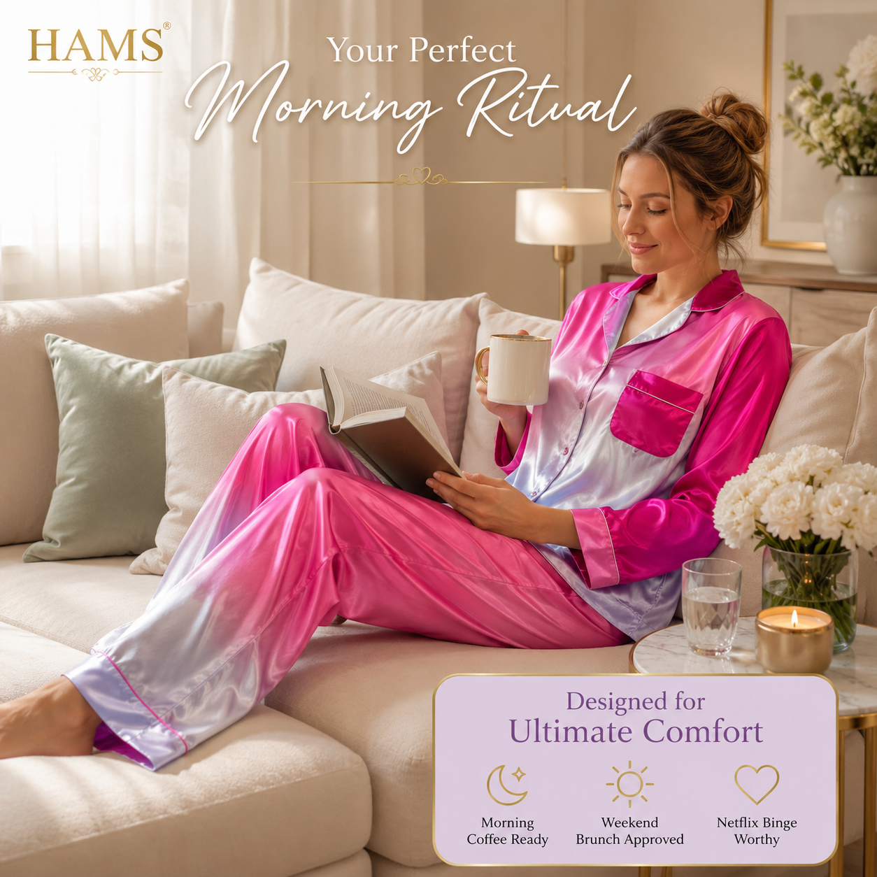 HAMS Women's 3-Piece Satin Pajama Set – Pink Ombre | Long Sleeve Cardigan, Wide-Leg Pants, Elastic Waist, Side Slit, All-Season Loungewear
