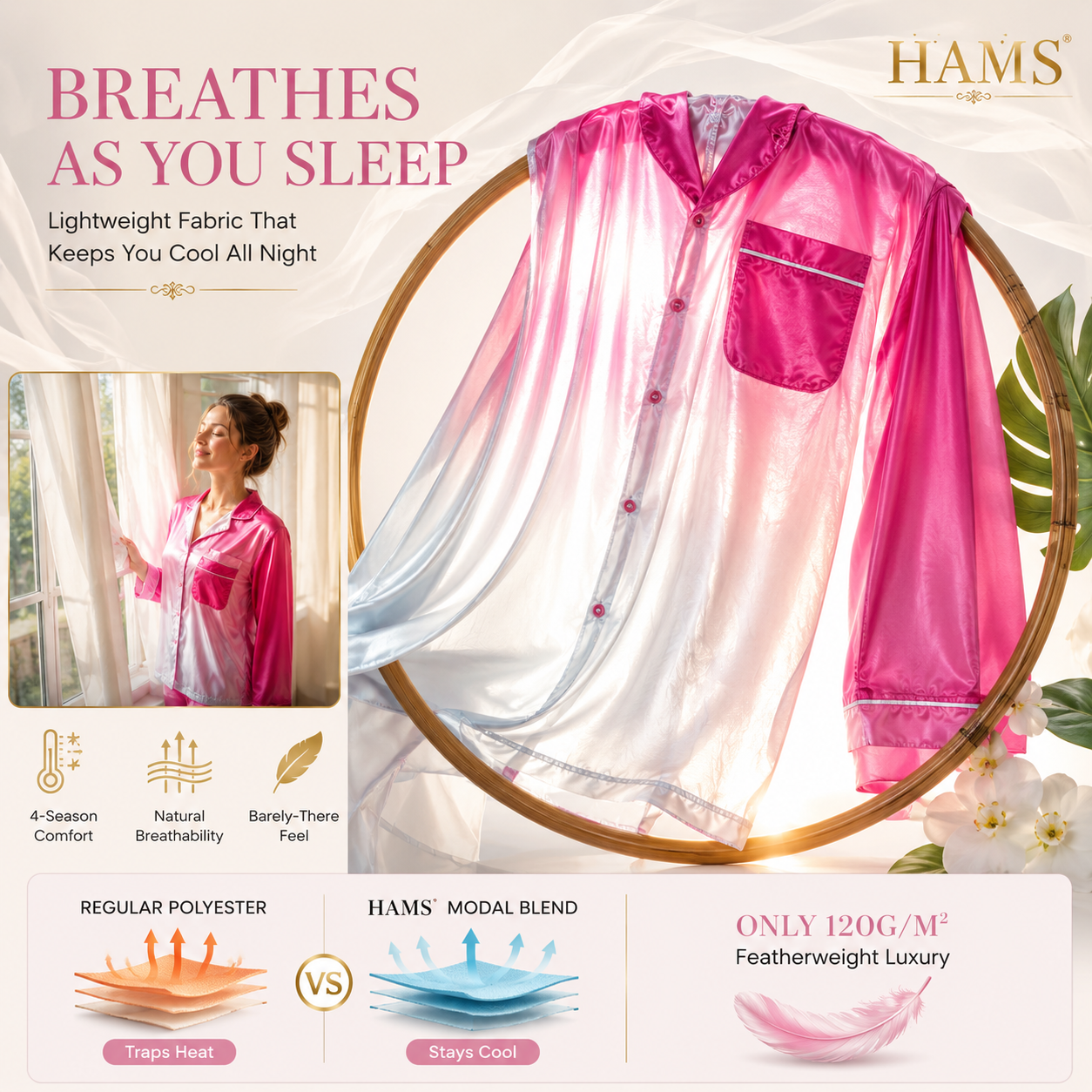 HAMS Women's 3-Piece Satin Pajama Set – Pink Ombre | Long Sleeve Cardigan, Wide-Leg Pants, Elastic Waist, Side Slit, All-Season Loungewear
