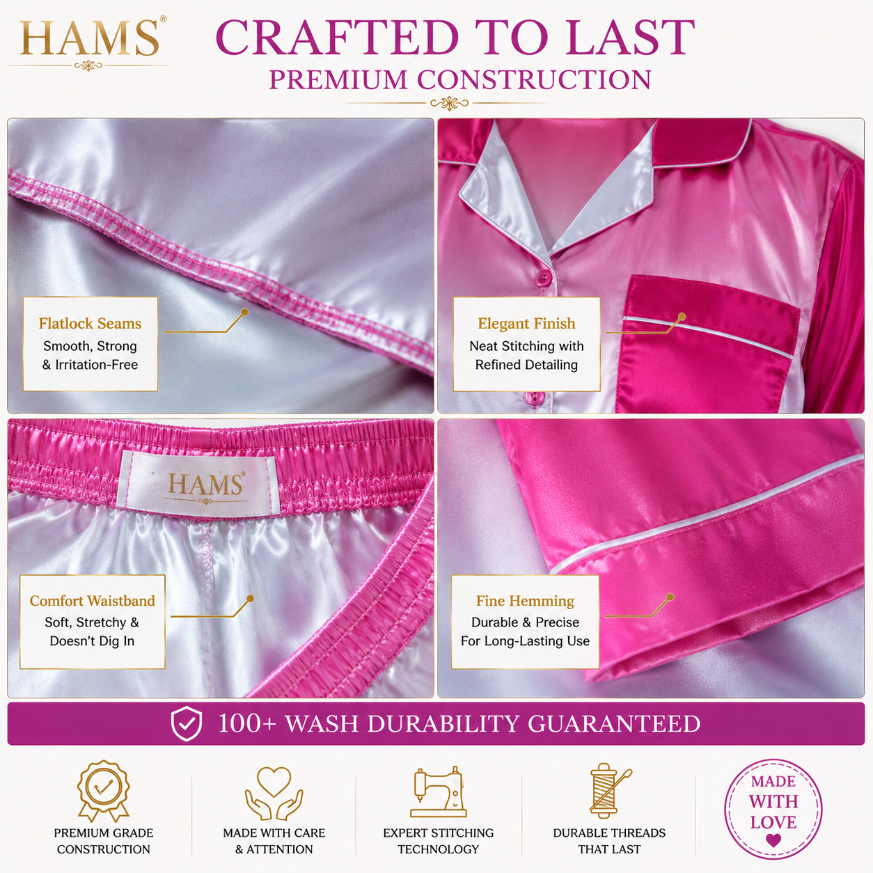 HAMS Women's 3-Piece Satin Pajama Set – Pink Ombre | Long Sleeve Cardigan, Wide-Leg Pants, Elastic Waist, Side Slit, All-Season Loungewear