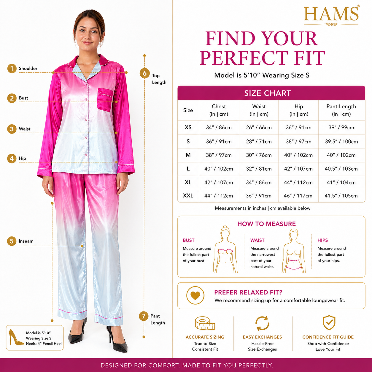 HAMS Women's 3-Piece Satin Pajama Set – Pink Ombre | Long Sleeve Cardigan, Wide-Leg Pants, Elastic Waist, Side Slit, All-Season Loungewear